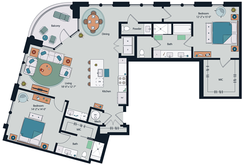 Floor plan for 2 beds, 2.5 baths, 1723 sqft